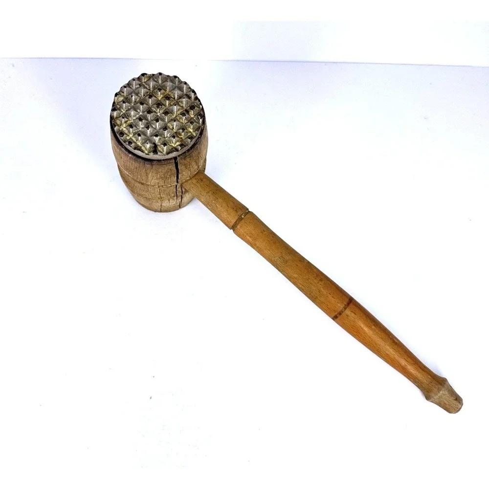 Vintage Wood Meat Tenderizer Mallet Metal Textured Face Rustic Kitchen‎ Decor